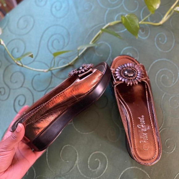Helens Heart Metallic Copper Platform Slide Sandals Beaded Flower Wedges Women 7 - Picture 2 of 6